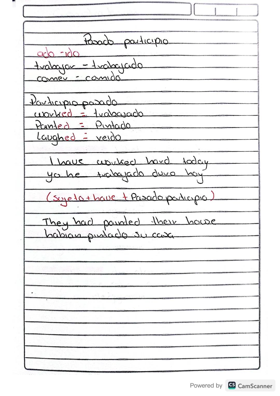 Pasado participio

ado ido

trabajar- trabajado

comer comido

Participio pasado

worked = trabajado

Panted = Pintado

Laughed = veido

I h