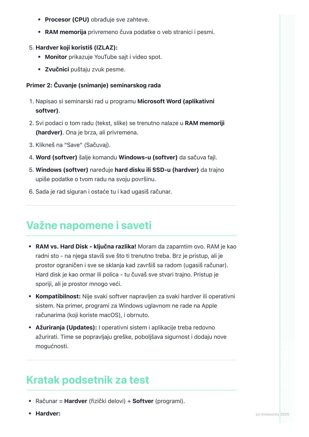# Hardver i softver računara

Uvod u hardver i softver

Računar se sastoji iz dva osnovna dela: hardvera i softvera. Ne mogu da rade
jedan b