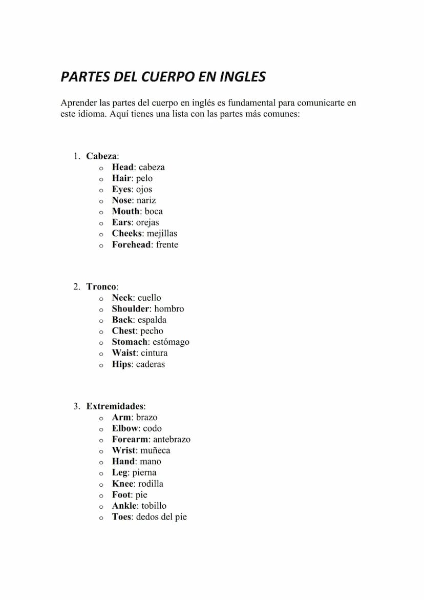 PARTES DEL CUERPO EN INGLES
Aprender las partes del cuerpo en inglés es fundamental para comunicarte en
este idioma. Aquí tienes una lista c