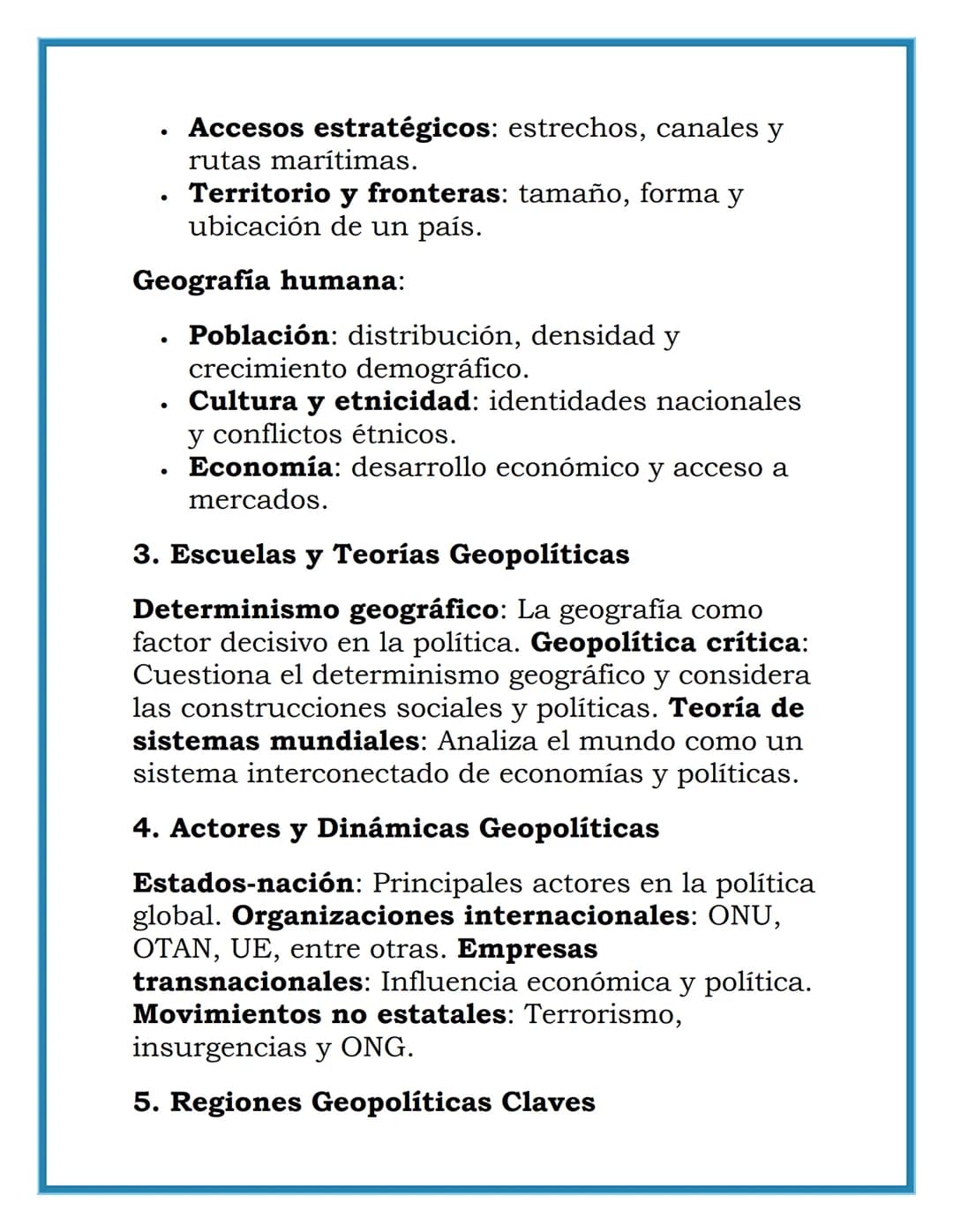 Geopolítica y Globalización
1. Introducción a la Geopolítica
Definición: La geopolítica es el estudio de los
efectos de la geografia (humana