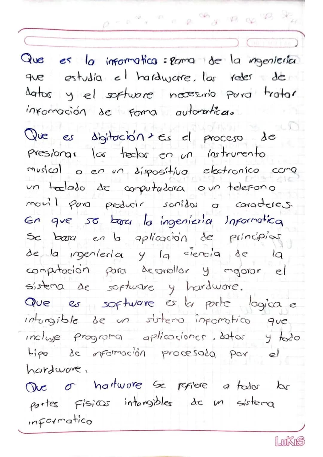 Que
que
es la informatica = Rama de la ingenieria
estudia el hardware, las redes de I
с
datos y el software
nocesurio para trator.
informaci