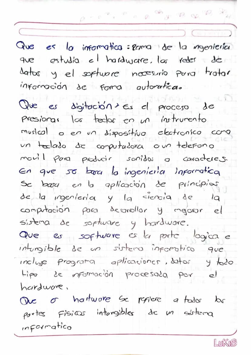 Que
que
es la informatica = Rama de la ingenieria
estudia el hardware, las redes de I
с
datos y el software
nocesurio para trator.
informaci