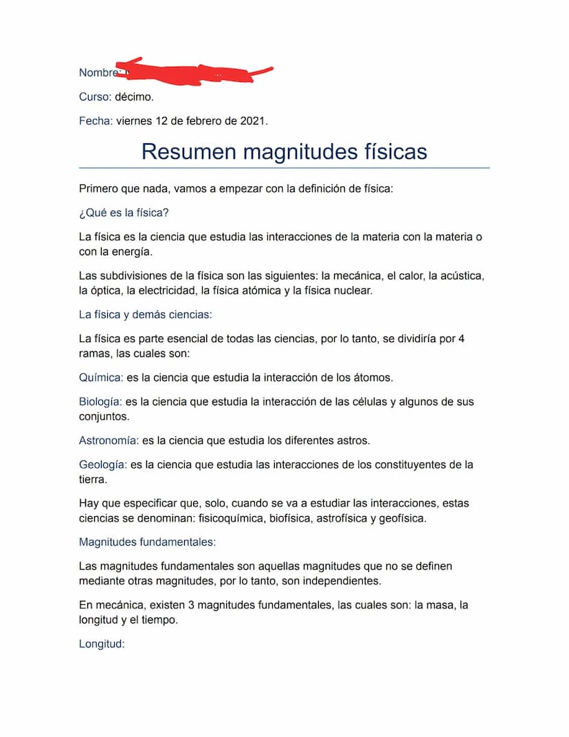 Nombre
Curso: décimo.
Fecha: viernes 12 de febrero de 2021.
Resumen magnitudes físicas
Primero que nada, vamos a empezar con la definición d