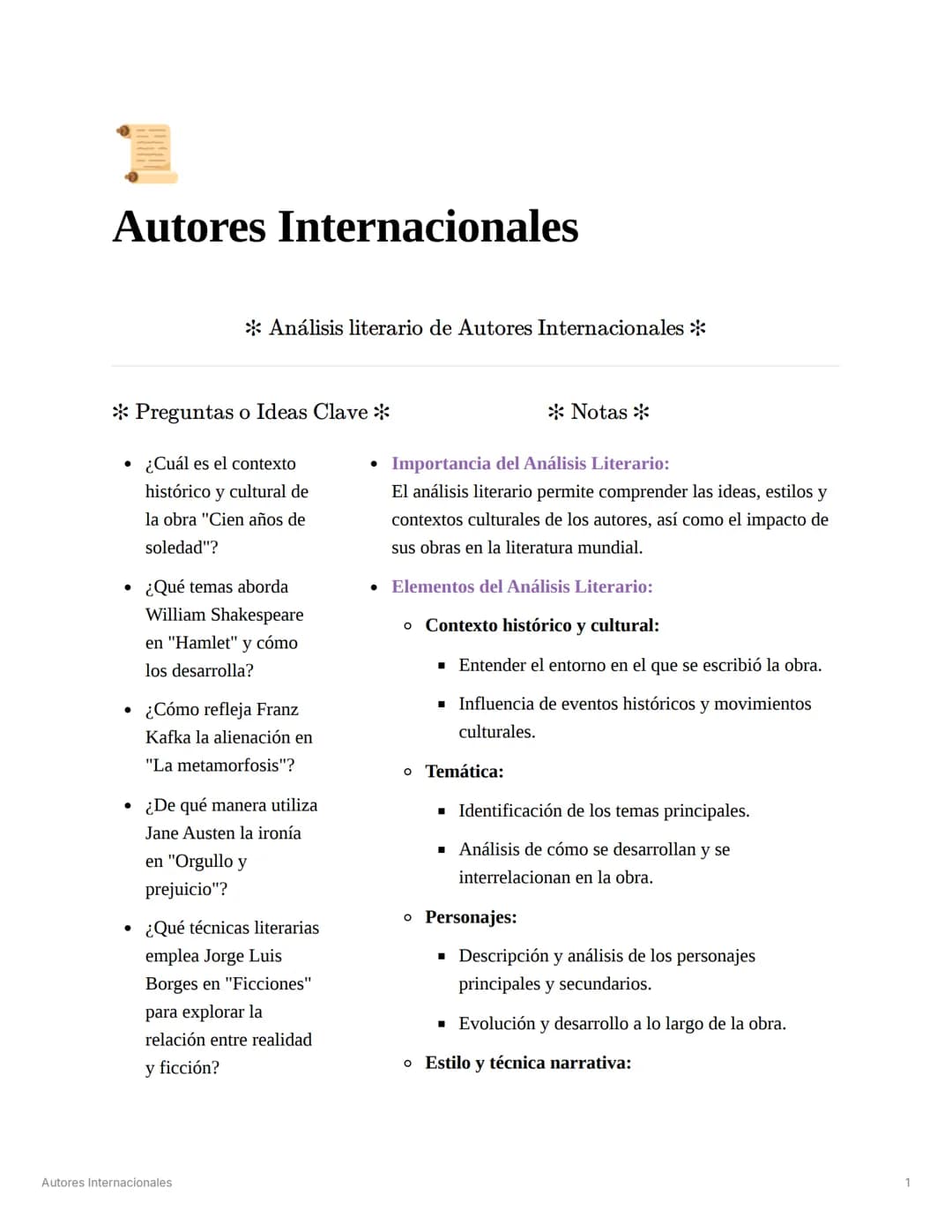 Autores Internacionales
Análisis literario de Autores Internacionales *
Preguntas o Ideas Clave *
¿Cuál es el contexto
histórico y cultural 