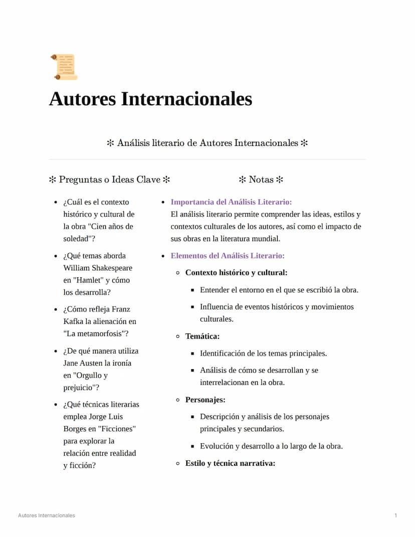 Autores Internacionales
Análisis literario de Autores Internacionales *
Preguntas o Ideas Clave *
¿Cuál es el contexto
histórico y cultural 