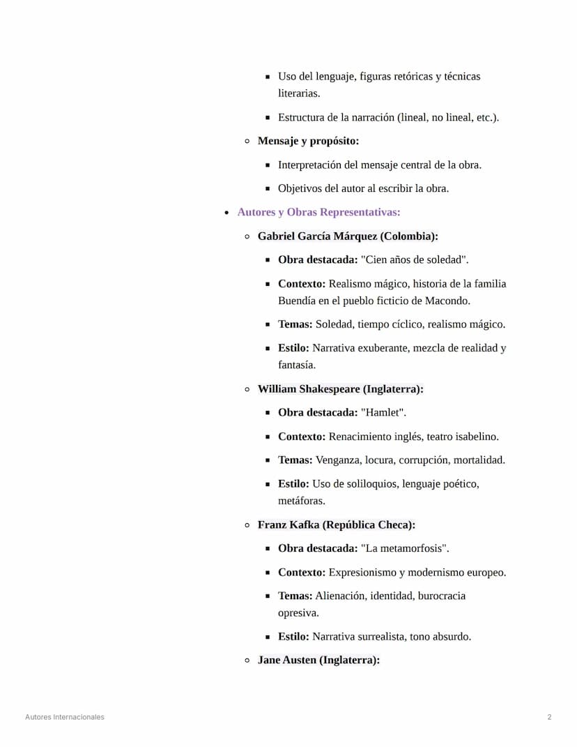 Autores Internacionales
Análisis literario de Autores Internacionales *
Preguntas o Ideas Clave *
¿Cuál es el contexto
histórico y cultural 