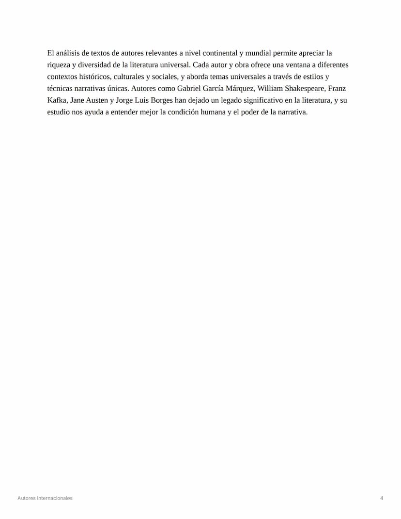 Autores Internacionales
Análisis literario de Autores Internacionales *
Preguntas o Ideas Clave *
¿Cuál es el contexto
histórico y cultural 