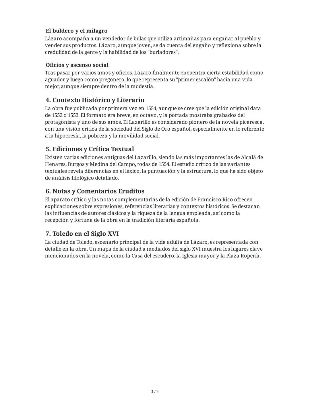 Resumen de "Lazarillo de Tormes" y su Estudio Crítico
1. Sinopsis de la Obra
Lázaro de Tormes es un pregonero de Toledo que narra en primera