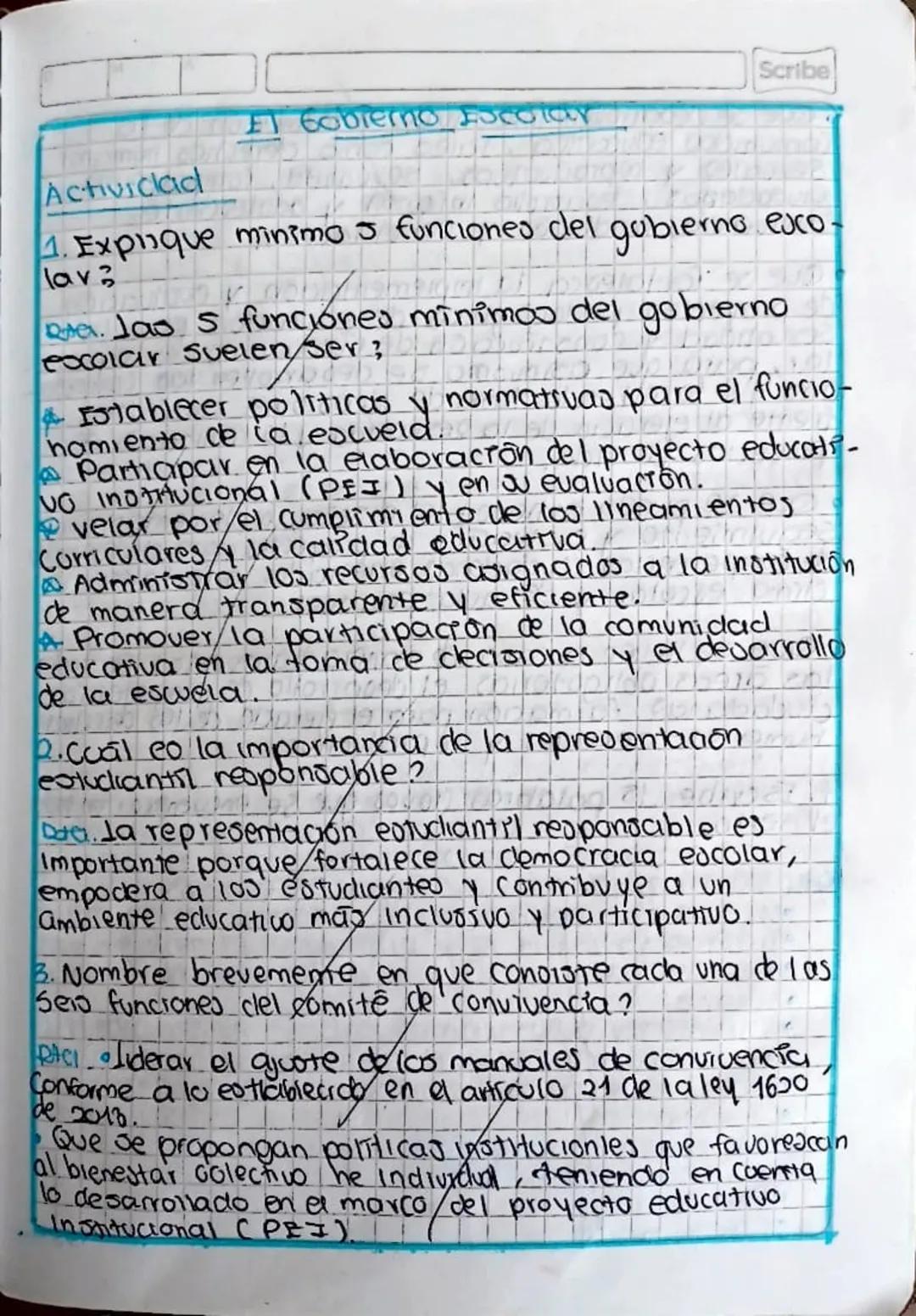 Scribe
Gobierno Escolar
Actividad
1. Explique minimo 5 funciones del gobierno esco.
lava
a. Jas s funciones minimos del gobierno
escolar Sue