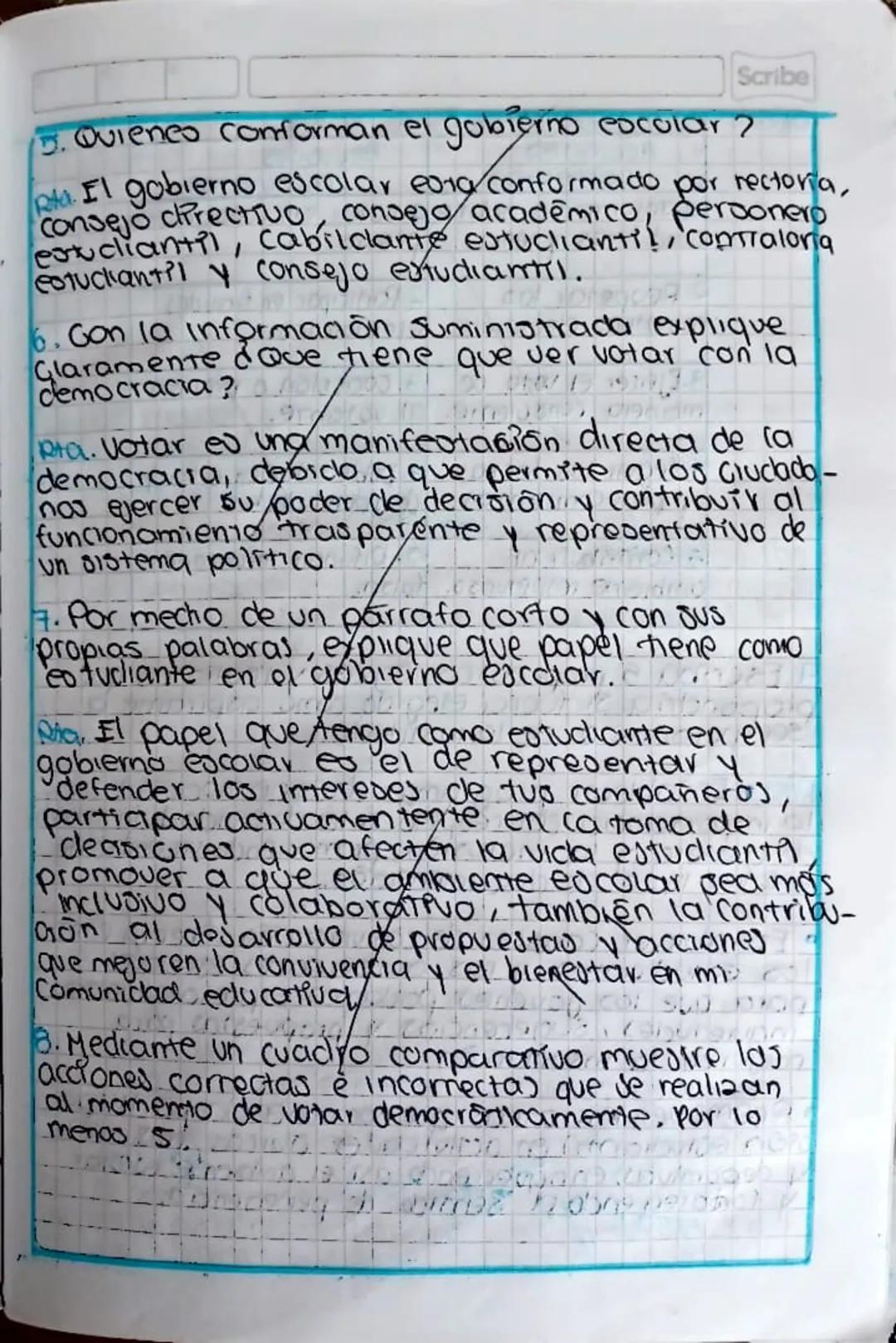 Scribe
Gobierno Escolar
Actividad
1. Explique minimo 5 funciones del gobierno esco.
lava
a. Jas s funciones minimos del gobierno
escolar Sue