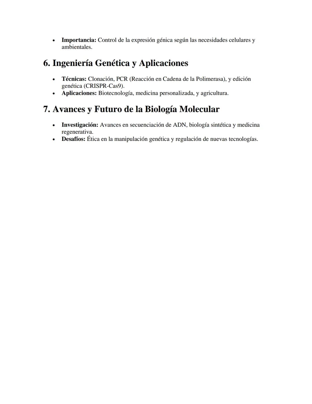 Biología Molecular
APUNTES//
1. Definición y Áreas de Estudio
•
•
Definición: Estudio de los procesos biológicos a nivel molecular, centrado