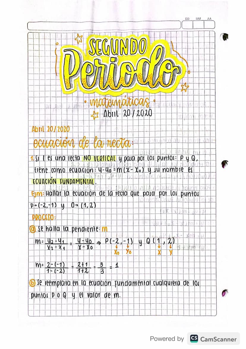 DD
MM
AA
SEGUNDO
Periodo
Abril 20/2020
matemáticas ti
43 Abril 20/2020
ecuación de la recta:
1. Si es una recta NO VERTICAL y pasa por los p