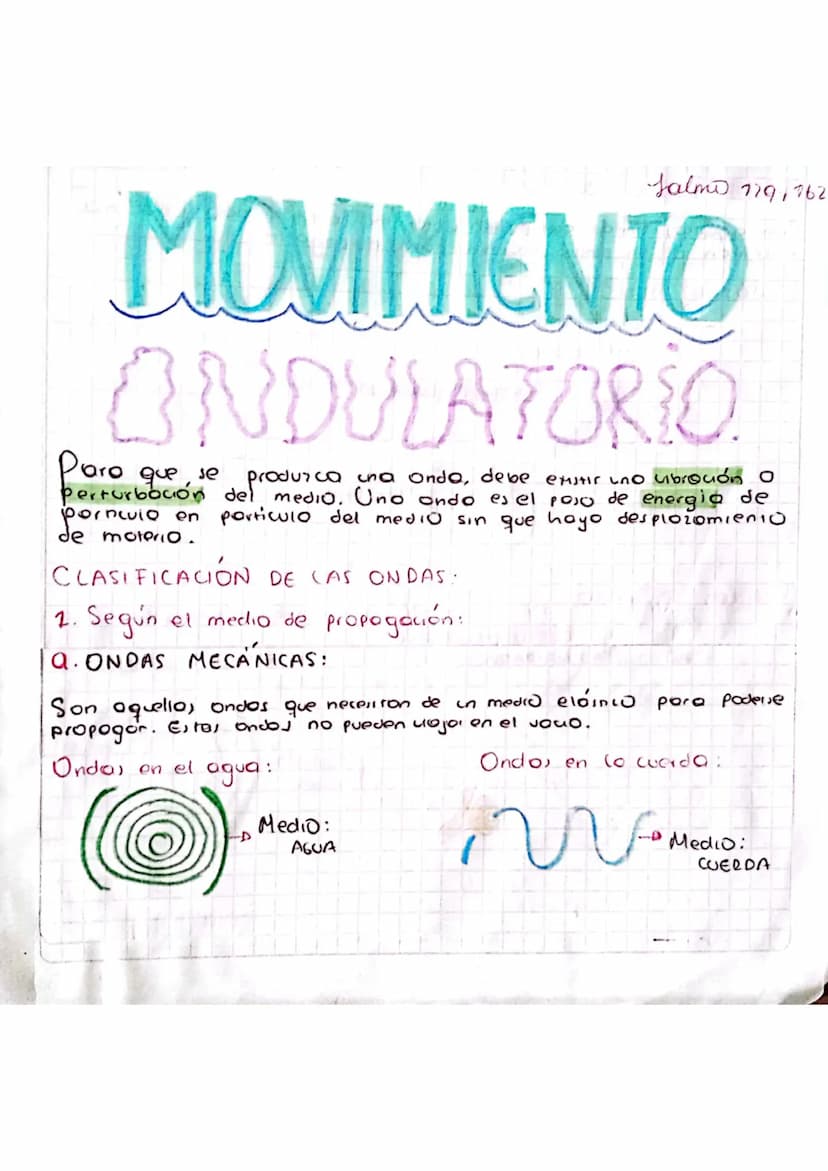 Salmo 779,762
MOVIMIENTO
ONDULATORIO
Paro
se
perturbación de duyco ina onda, debe eroso de energia de
pornculo en porticulo del medio sin qu