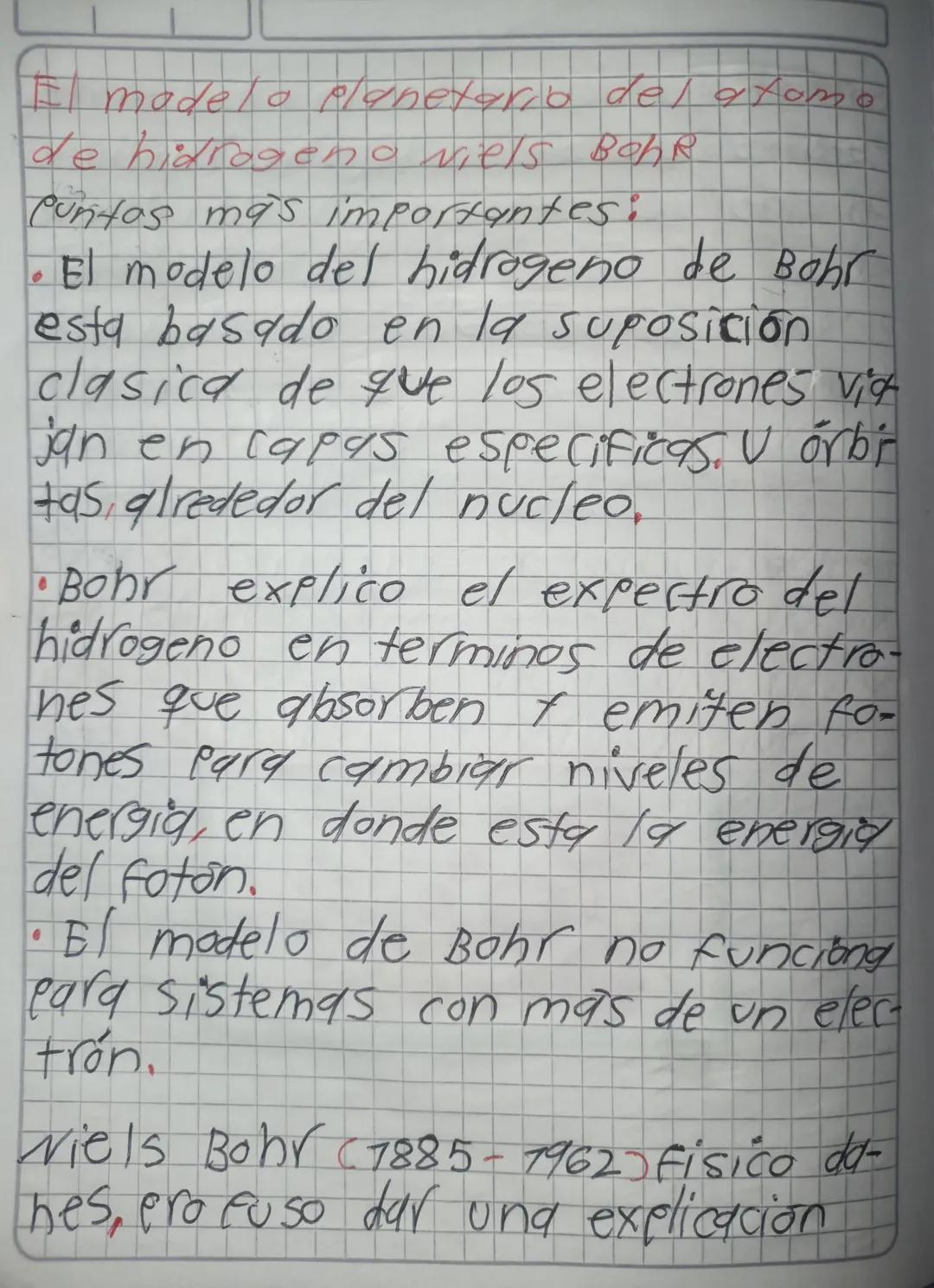 E madelo planetario del atomo
de hidrogeno Niels Bohr
Cuntas más importantes:
- El modelo del hidrogeno de Bohr
esta basado en la suposición