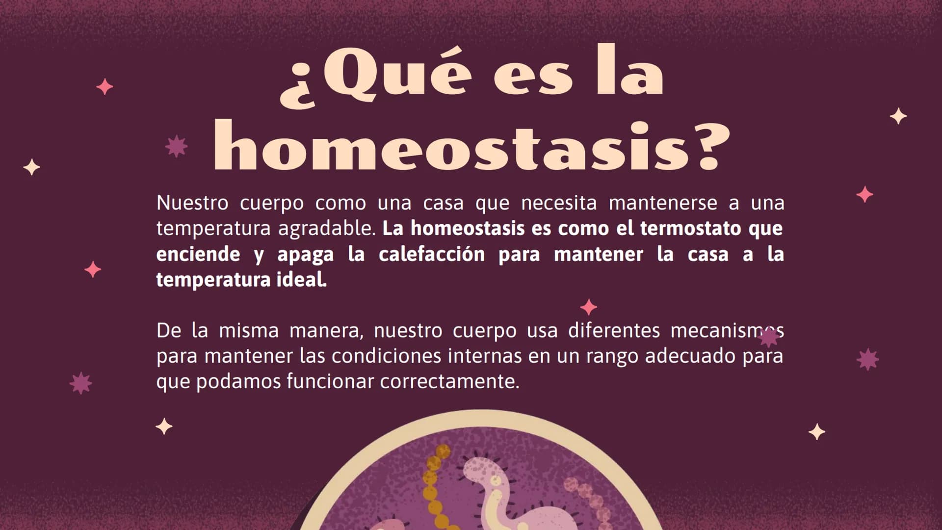 El increíble mundo de la
Homeostasis
E
খর
2 0
¿Qué es?
1 ¿Qué es la
homeostasis?
Nuestro cuerpo como una casa que necesita mantenerse a una
