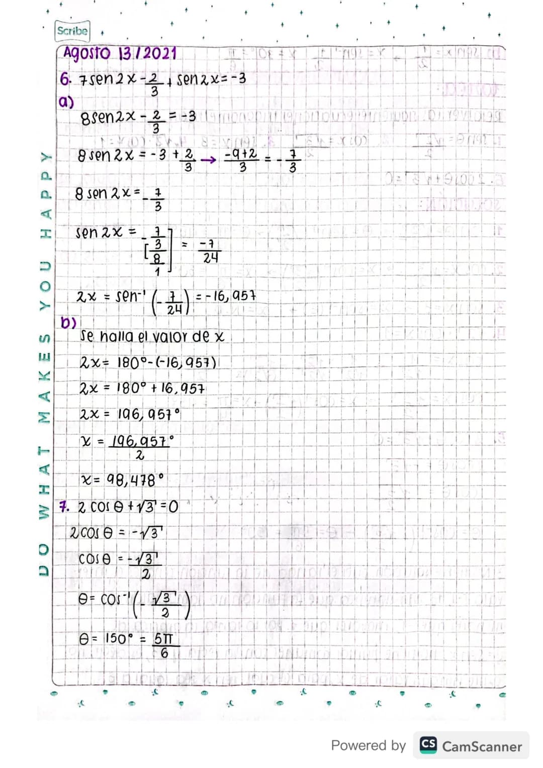 Scribe
Agosto 12/2021
ecuaciones trigonométricas
una ecuación trigonométrica, e la que tiene Funciones trigo-
nométricas de un angulo x y se