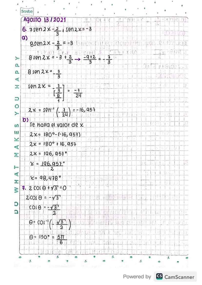 Scribe
Agosto 12/2021
ecuaciones trigonométricas
una ecuación trigonométrica, e la que tiene Funciones trigo-
nométricas de un angulo x y se