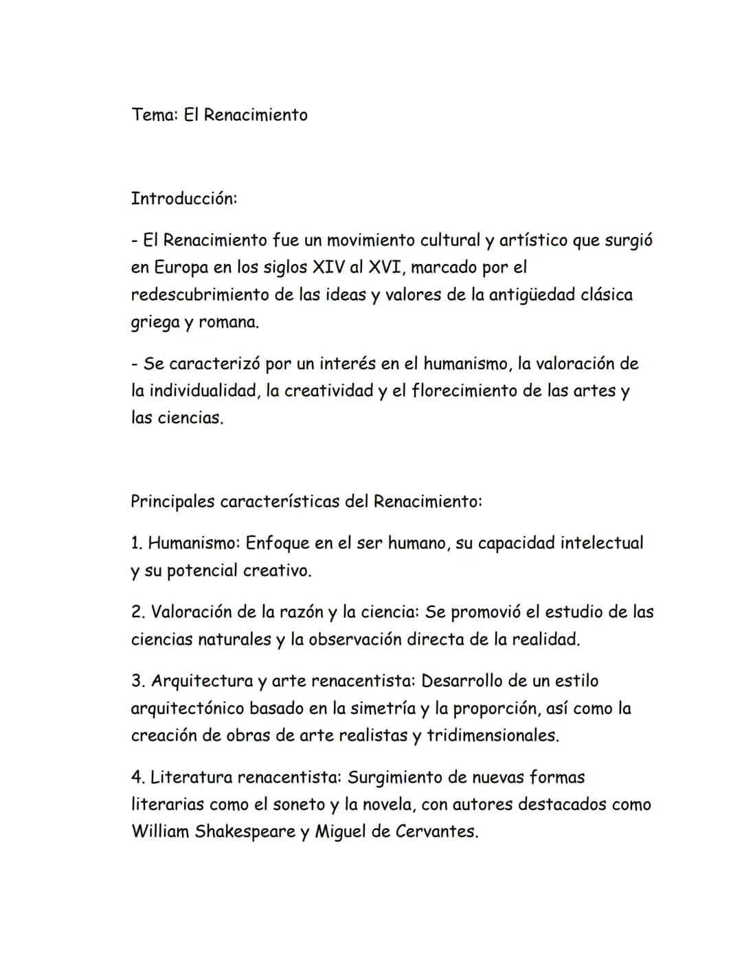 Tema: El Renacimiento
Introducción:
- El Renacimiento fue un movimiento cultural y artístico que surgió
en Europa en los siglos XIV al XVI, 