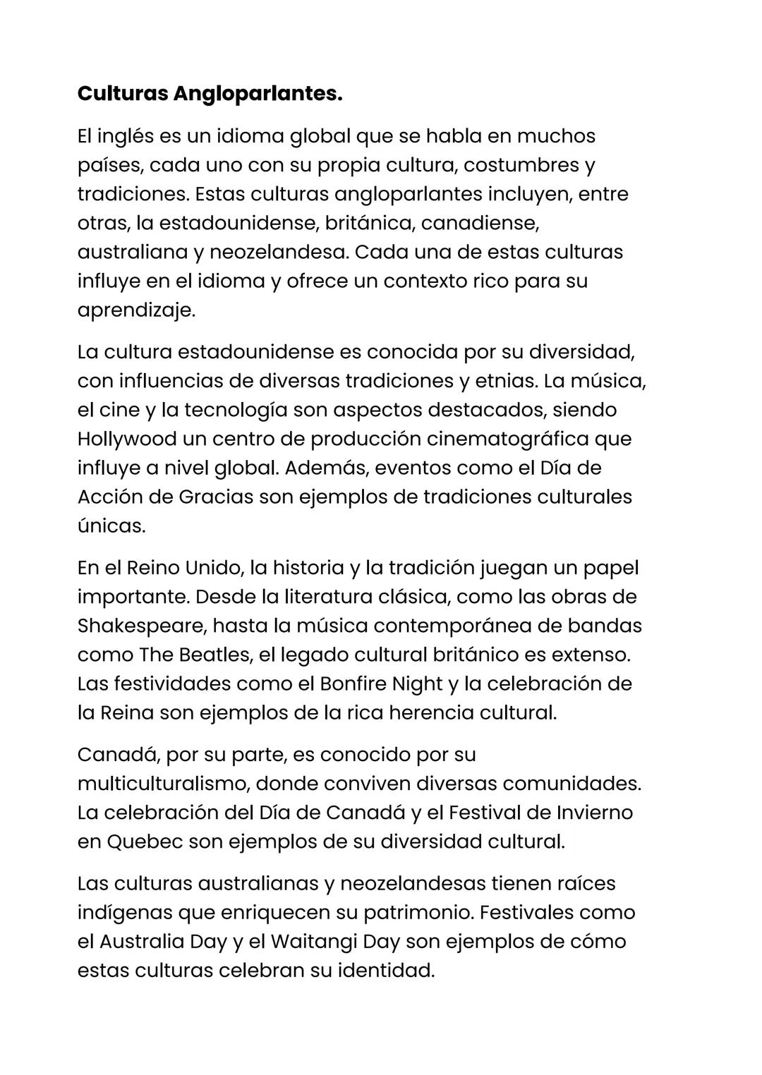 # Culturas Angloparlantes.

El inglés es un idioma global que se habla en muchos
países, cada uno con su propia cultura, costumbres y
tradic