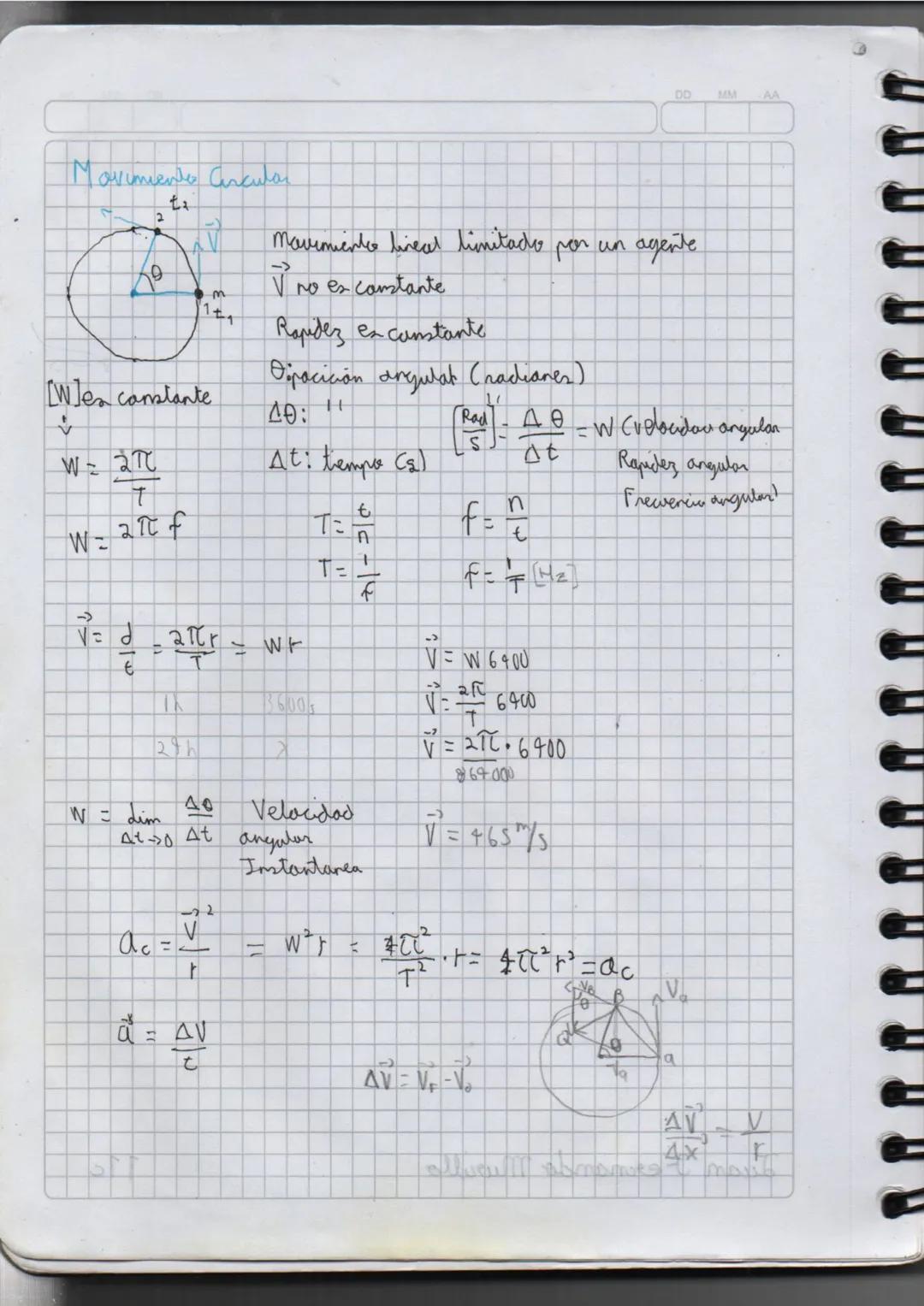 DD
MM
AA
Movimiento Circular
2
t
m
Movimiento lineal limitado por un agente
->
V no es constante
Rapidez en constante
Opacición angulat (rad