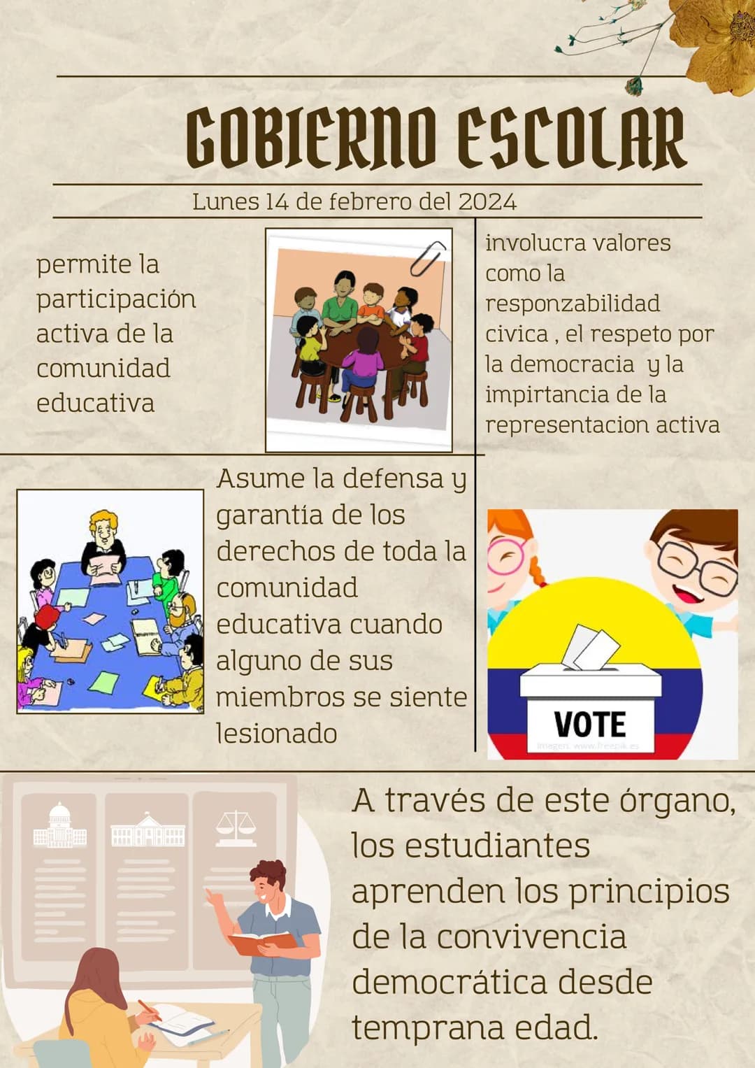 permite la
participación
activa de la
comunidad
educativa
GOBIERNO ESCOLAR
Lunes 14 de febrero del 2024
Asume la defensa y
garantía de los
d