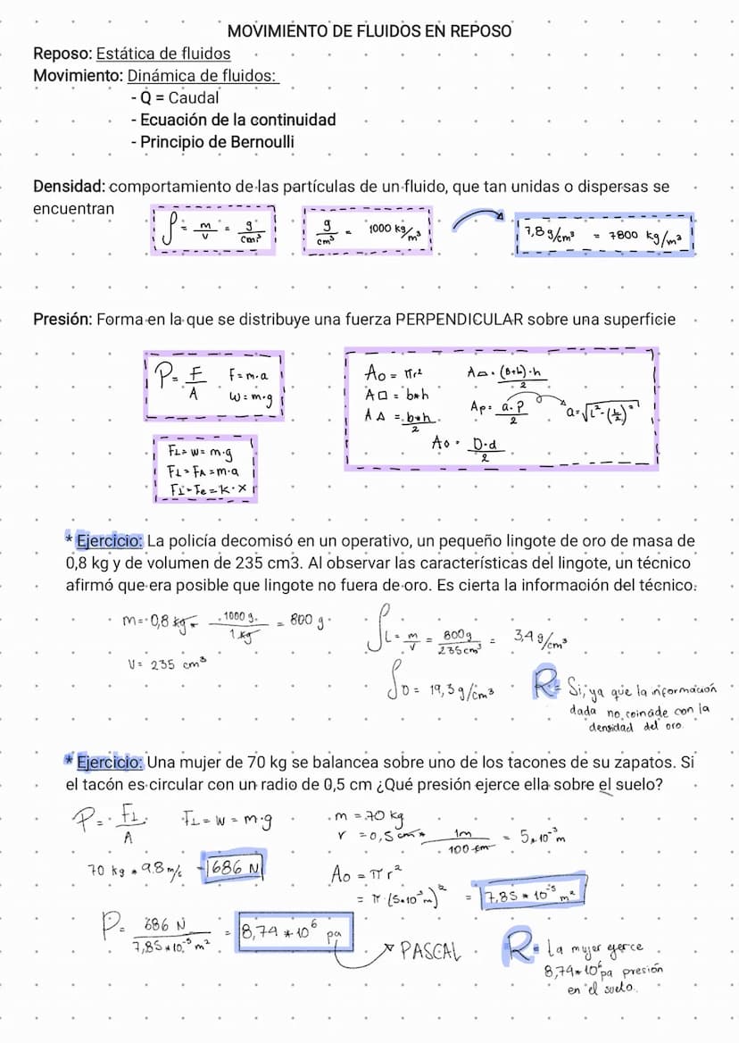 Reposo: Estática de fluidos
MOVIMIENTO DE FLUIDOS EN REPOSO
Movimiento: Dinámica de fluidos:
- Q = Caudal
- Ecuación de la continuidad
-Prin