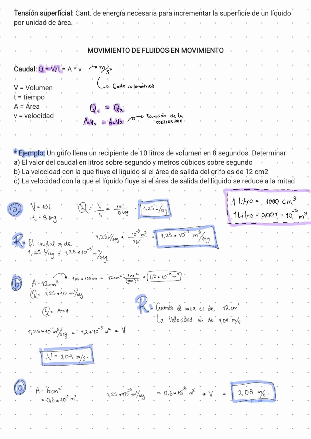 Reposo: Estática de fluidos
MOVIMIENTO DE FLUIDOS EN REPOSO
Movimiento: Dinámica de fluidos:
- Q = Caudal
- Ecuación de la continuidad
-Prin