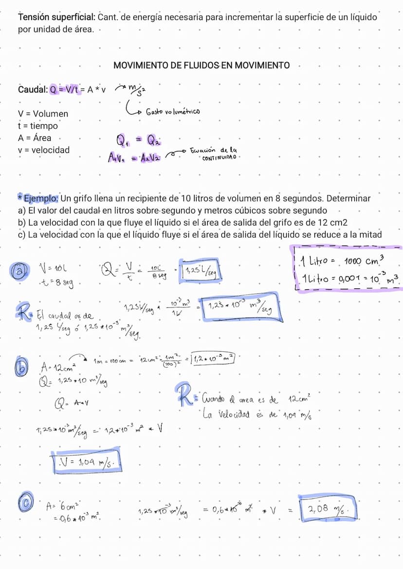 Reposo: Estática de fluidos
MOVIMIENTO DE FLUIDOS EN REPOSO
Movimiento: Dinámica de fluidos:
- Q = Caudal
- Ecuación de la continuidad
-Prin