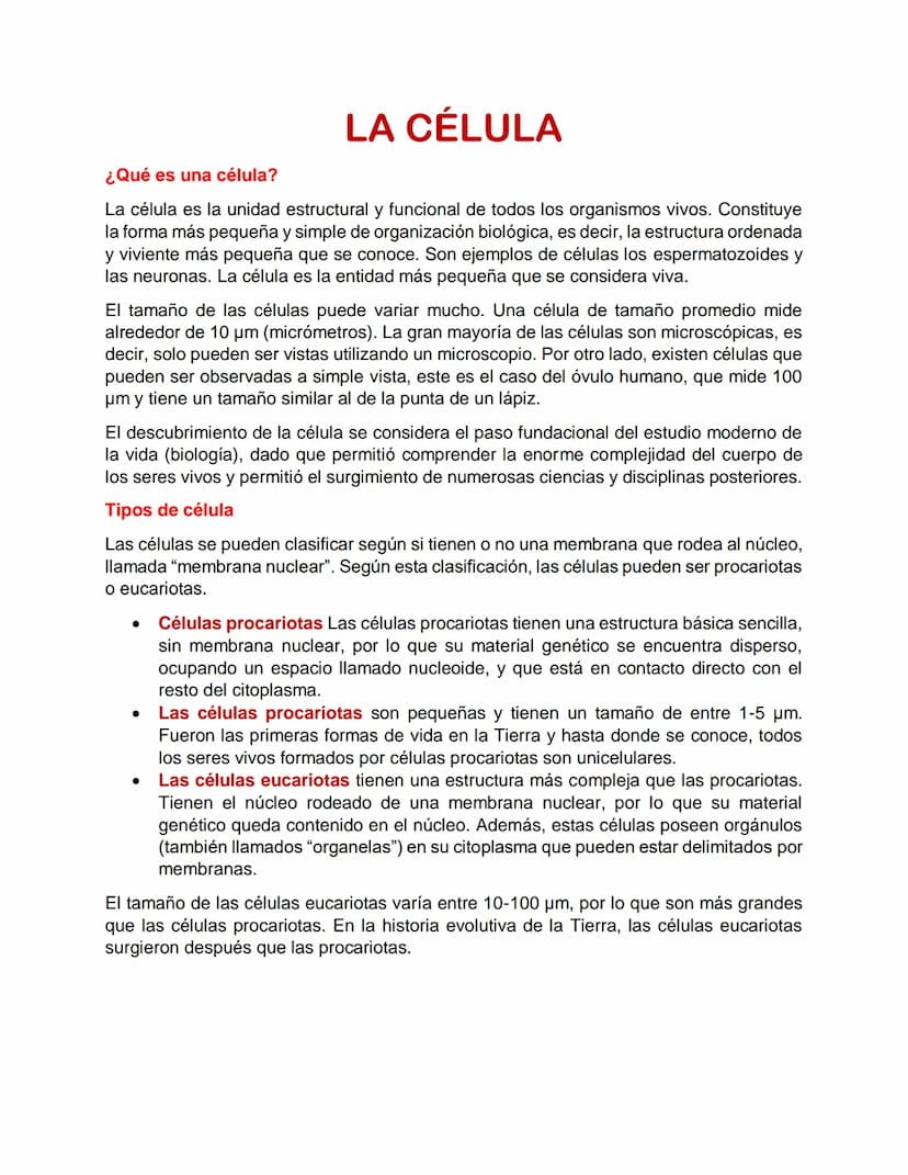 LA CÉLULA
¿Qué es una célula?
La célula es la unidad estructural y funcional de todos los organismos vivos. Constituye
la forma más pequeña 