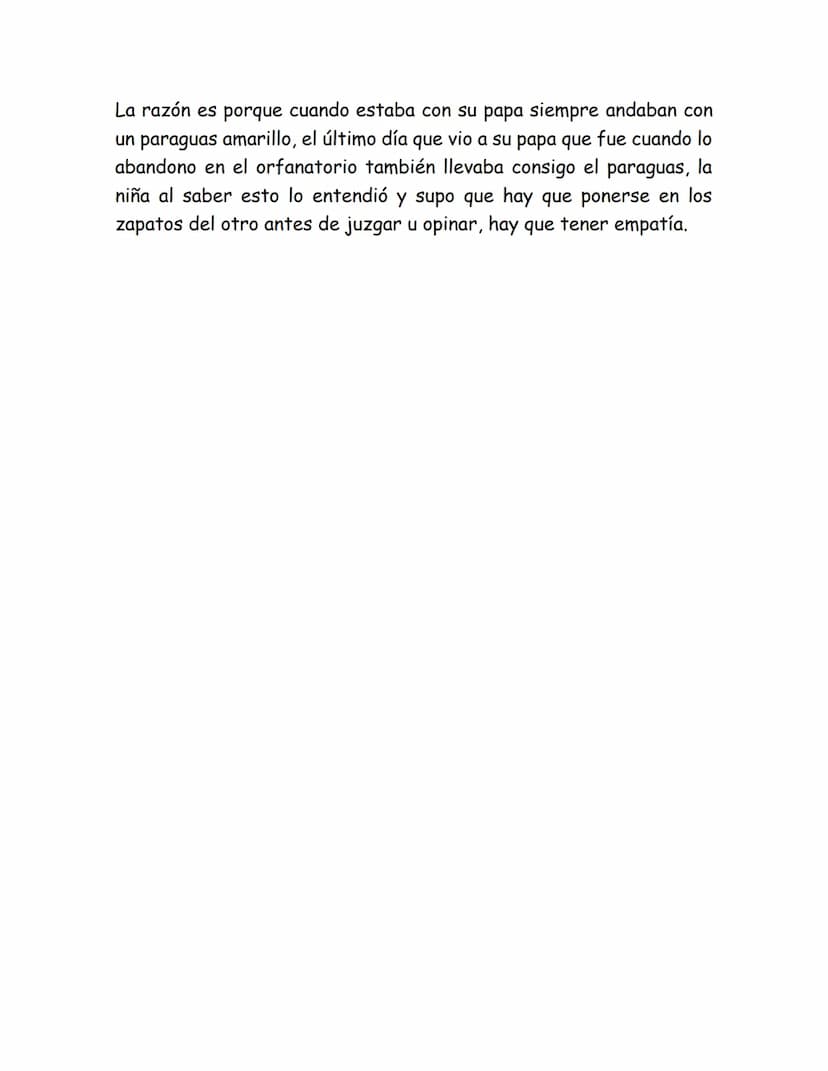 SOMBRILLA
Una señora se dirigía con su hija en su carro, hacia un orfanatorio;
ella con buena actitud pero la niña no tenía una actitud tan 