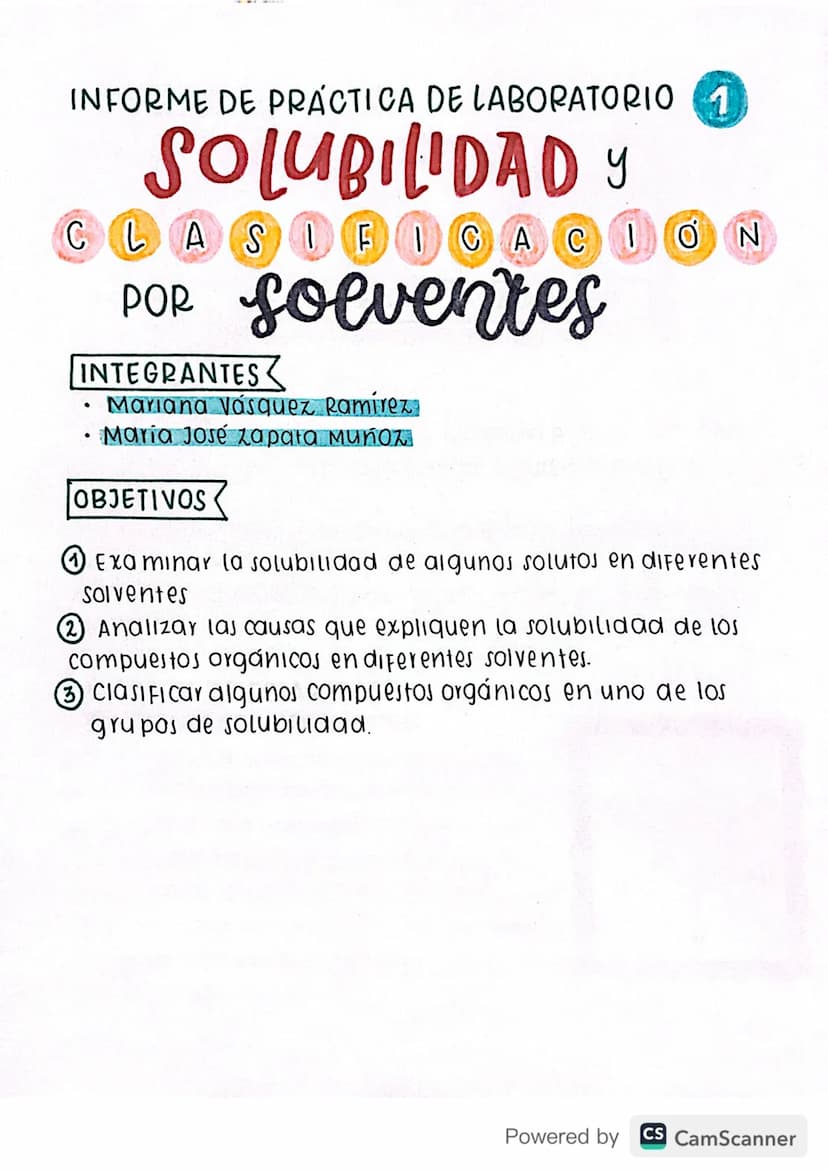 INFORME DE PRÁCTICA DE LABORATORIO 1
SOLUBILIDAD Y
CLASIFICACIÓN
POR solventes
INTEGRANTES
Mariana Vásquez Ramirez
Maria José Zapała Muñoz
O