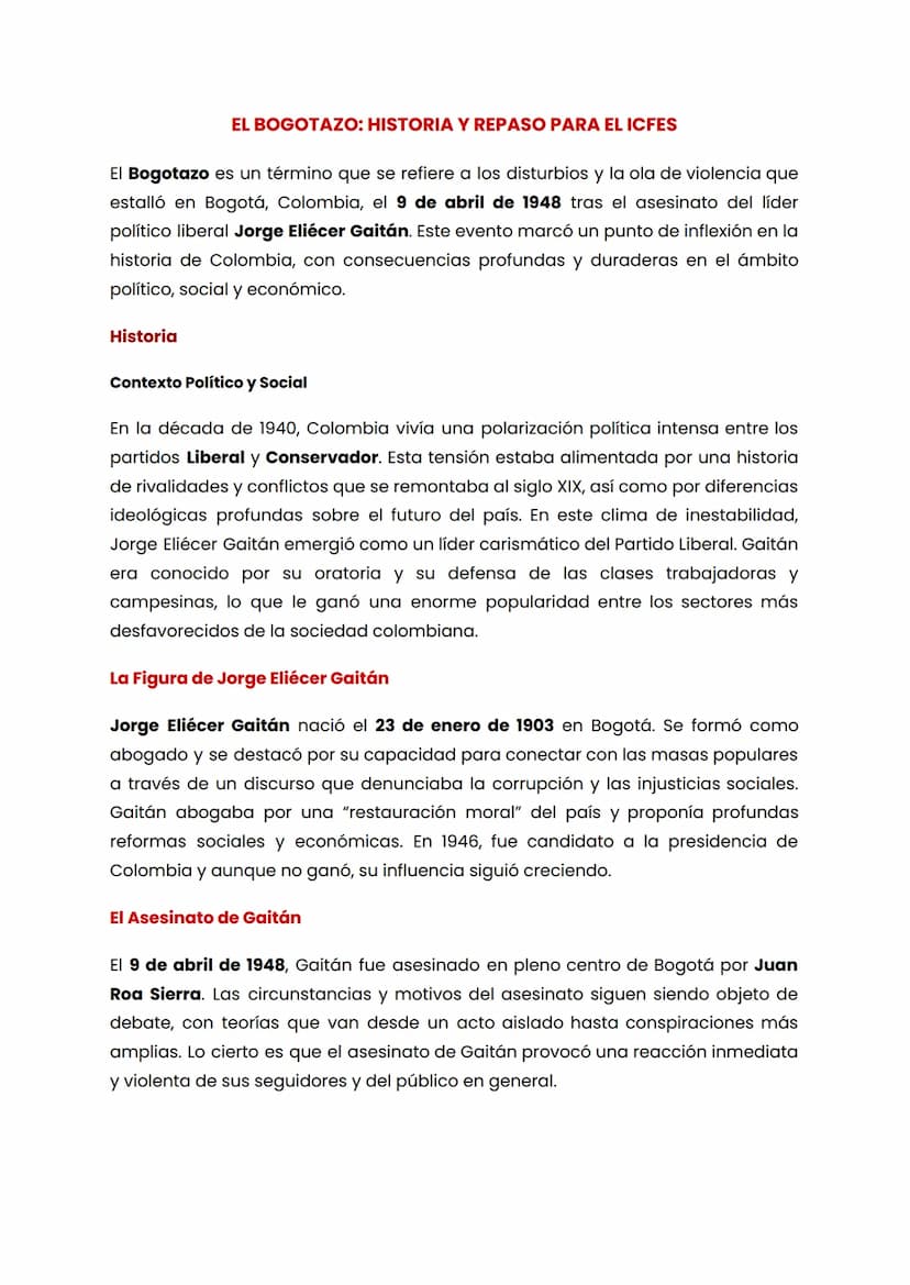 EL BOGOTAZO: HISTORIA Y REPASO PARA EL ICFES
El Bogotazo es un término que se refiere a los disturbios y la ola de violencia que
estalló en 