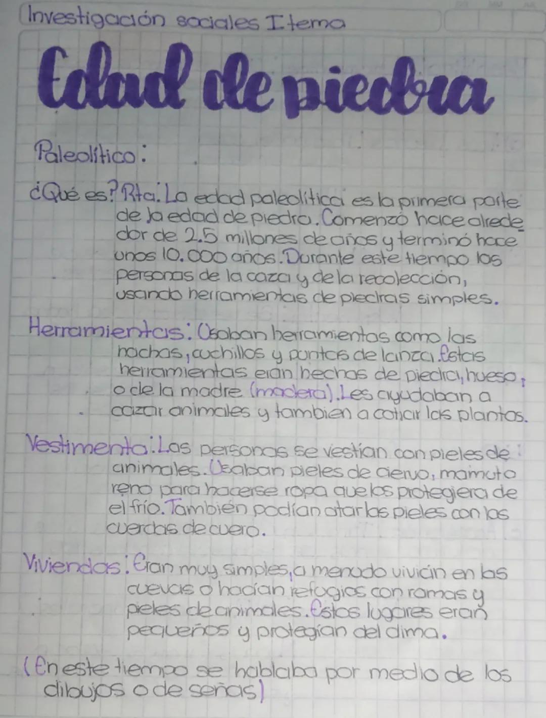 Investigación sociales Itema
Colad de piedra
Paleolítico:
¿Qué es? Rta. La edad paleolítica es la primera porte
de la edad de piedra. Comenz