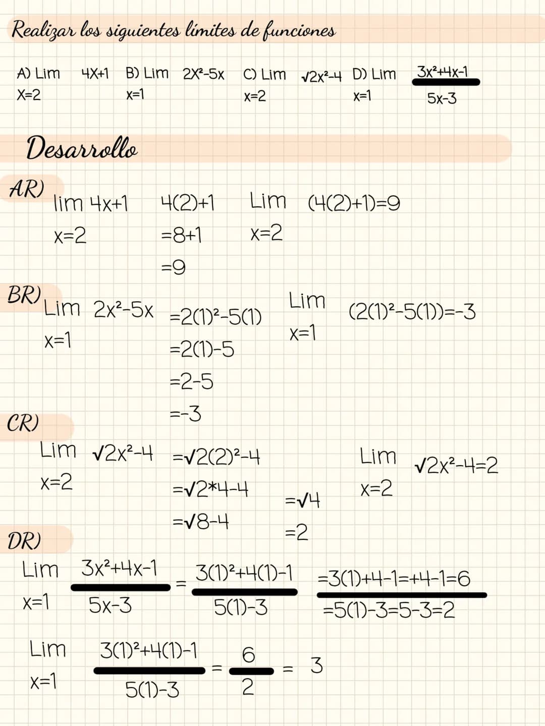 Limite de la siguiente función
Lim
x²+8x+15
=
x=-3
x²+7x+12
=
9-24+12
9-21+12
Factorizar:
x²+8X+15 x²+7x+12
(-3)²+8(-3)+15
(-3)+7(-3)+12
oo
