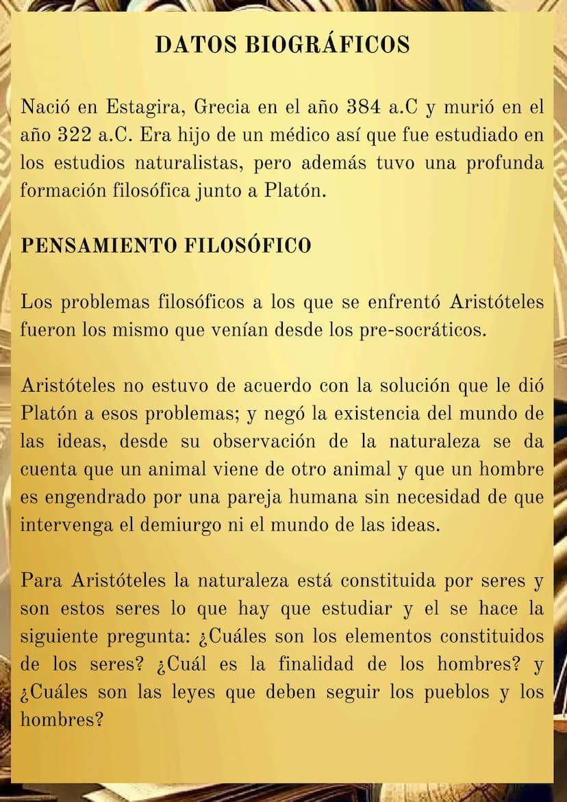 ARISTÓTELES
(384 a.C 322 a.C)
-
IND
Es uno de los pensadores más profundos y sistemáticos de
la historia de la filosofía. Dada la imprudenci