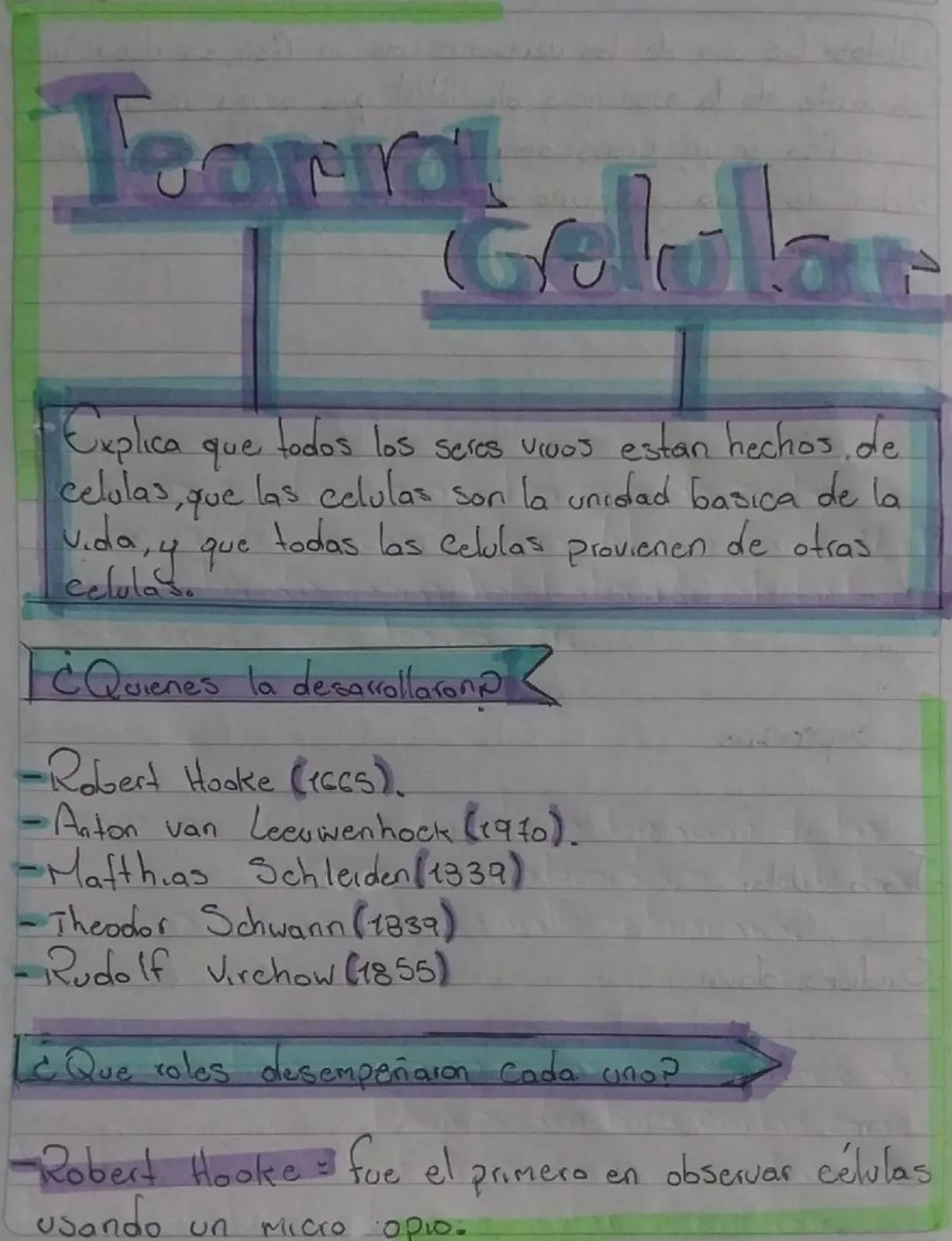 # Teoria

Gelular

Explica que todos los seres vivos estan hechos de
celulas, que las celulas son la unidad basica de la
Vida, y que todas l