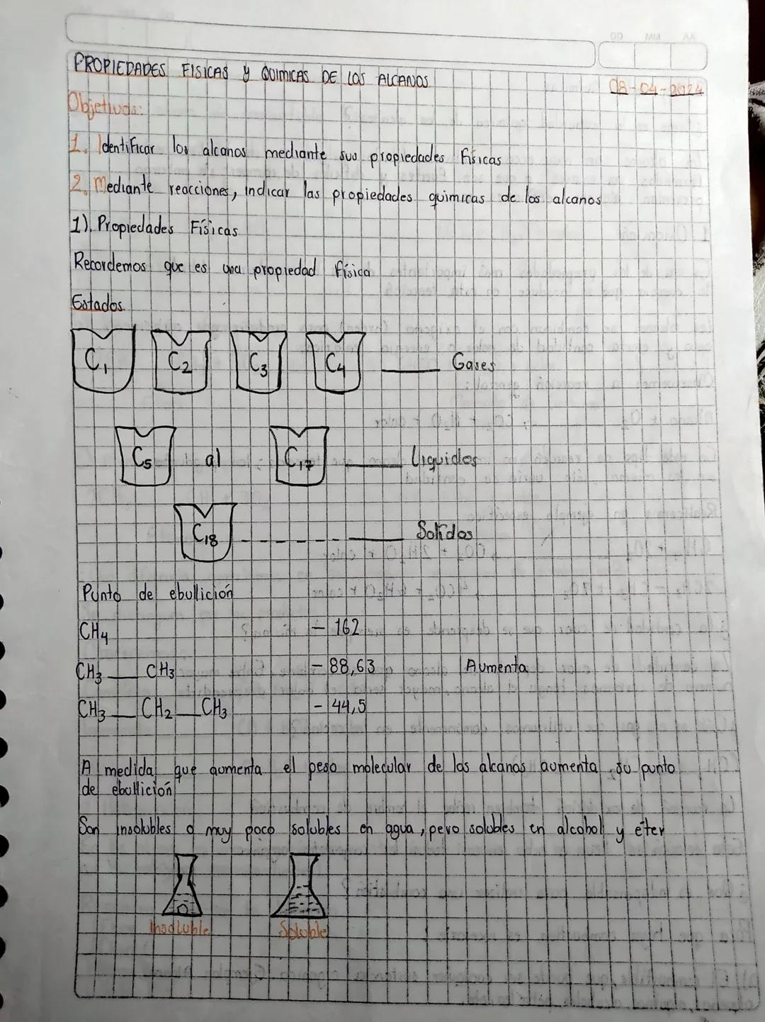 PROPIEDADES FISICAS Y QUIMICAS DE LOS ALCANOS
Objetivo:
1. Identificar los alcanos mediante sus propiedades fisicas
2. Mediante reacciones, 