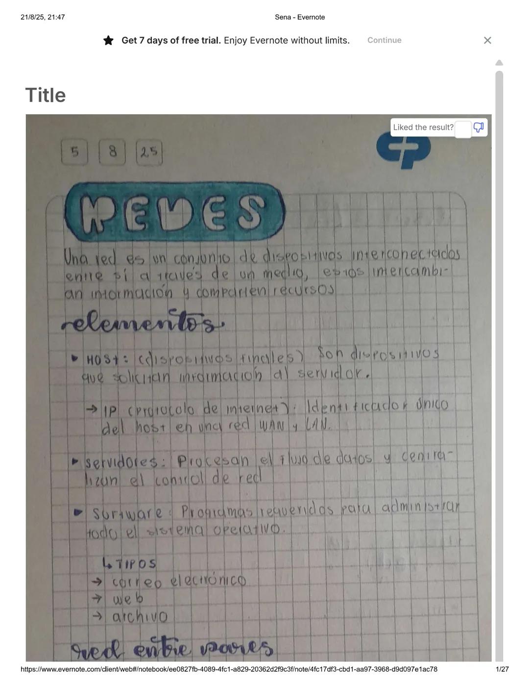 21/8/25, 21:47
Sena - Evernote
★ Get 7 days of free trial. Enjoy Evernote without limits. Continue
X
Title
5
8
25
Liked the result?
CP
PEDES