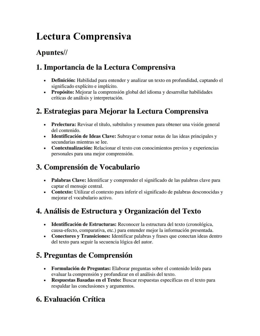 Lectura Comprensiva
Apuntes//
1. Importancia de la Lectura Comprensiva
•
.
Definición: Habilidad para entender y analizar un texto en profun