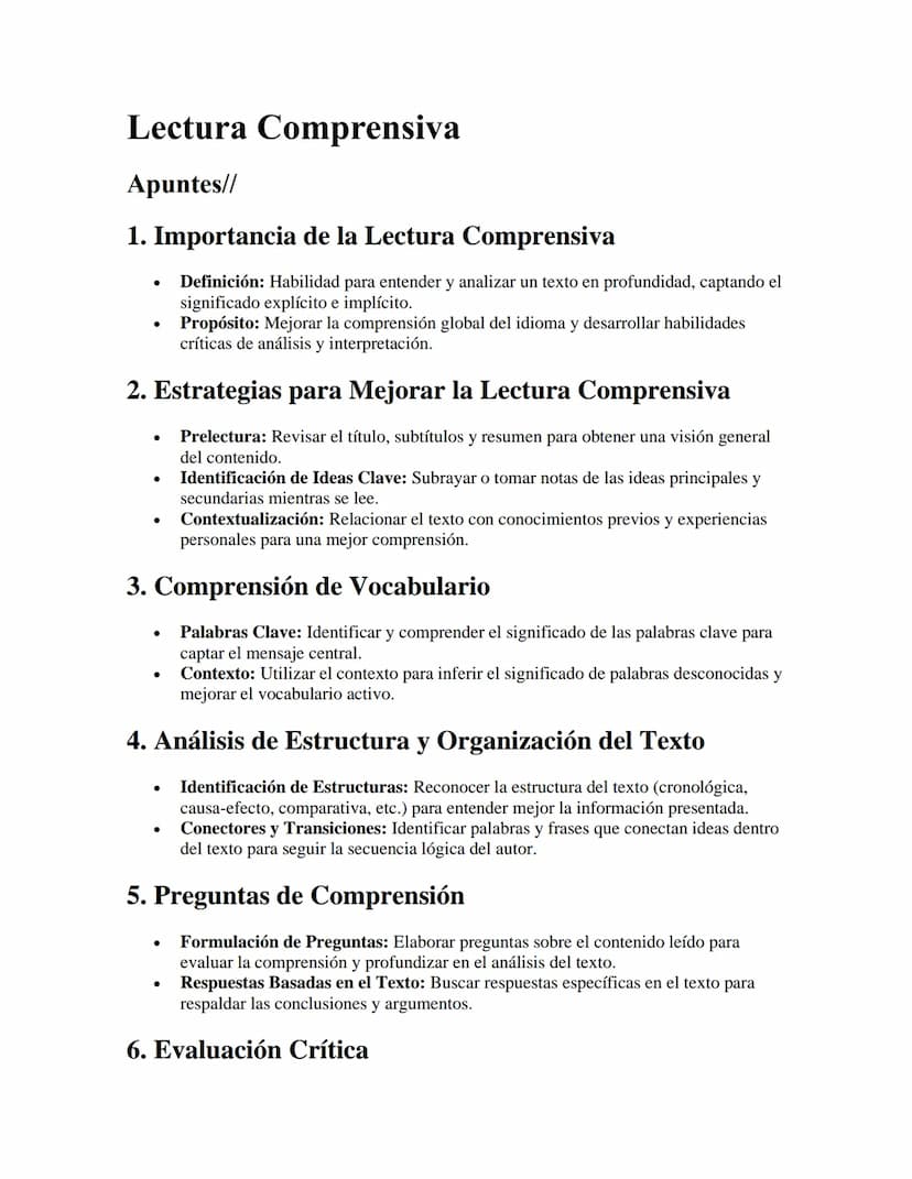 Lectura Comprensiva
Apuntes//
1. Importancia de la Lectura Comprensiva
•
.
Definición: Habilidad para entender y analizar un texto en profun