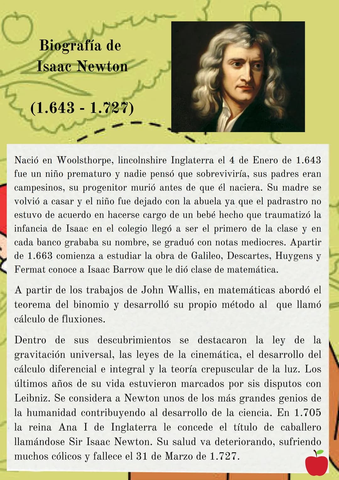 Biografía de
Isaac Newton
(1.643 1.727)
-
Nació en Woolsthorpe, lincolnshire Inglaterra el 4 de Enero de 1.643
fue un niño prematuro y nadie