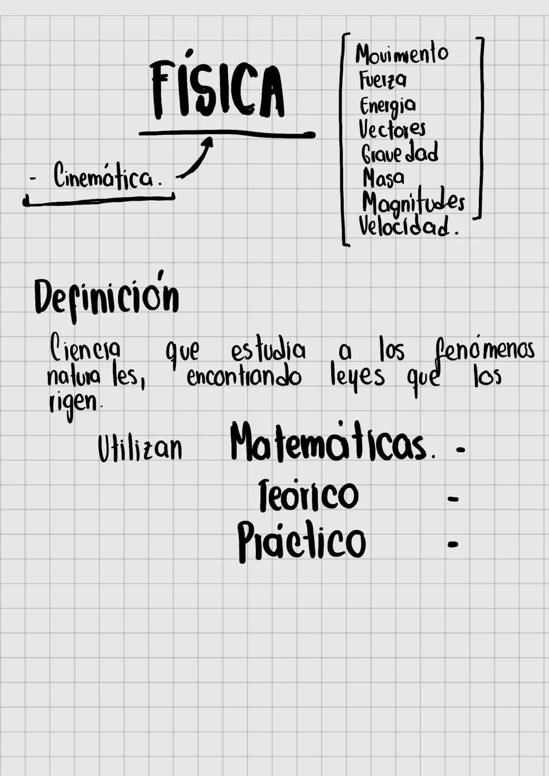 FÍSICA
Cinemática.
Movimento
Fuerza
Energia
Vectores
Grave Jad
Masa
Magnitudes
Velocidad.
Definición
Ciencia
que estudia a los fenómenos
nat