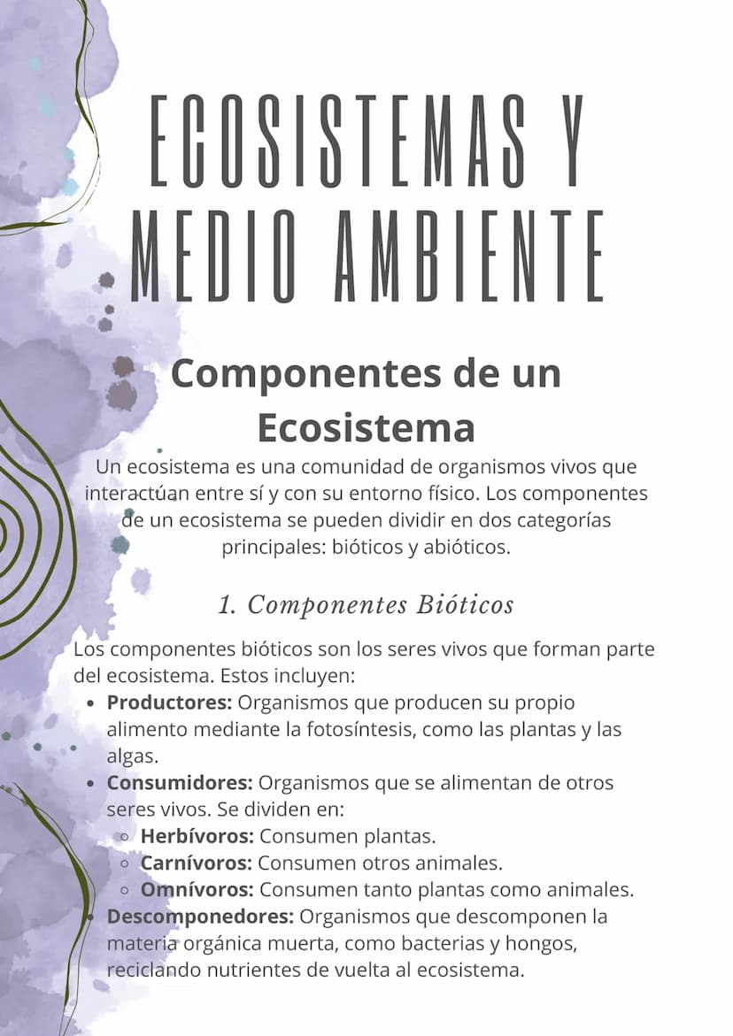 ECOSISTEMAS Y
MEDIO AMBIENTE
Componentes de un
Ecosistema
Un ecosistema es una comunidad de organismos vivos que
interactúan entre sí y con 