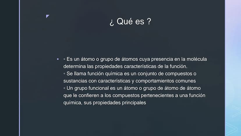 ¿Qué es?
о
▪ · Es un átomo o grupo de átomos cuya presencia en la molécula
determina las propiedades características de la función.
⚫ Se lla