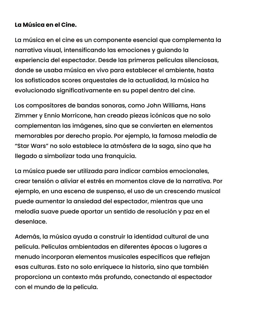 # La Música en el Cine.

La música en el cine es un componente esencial que complementa la
narrativa visual, intensificando las emociones y 