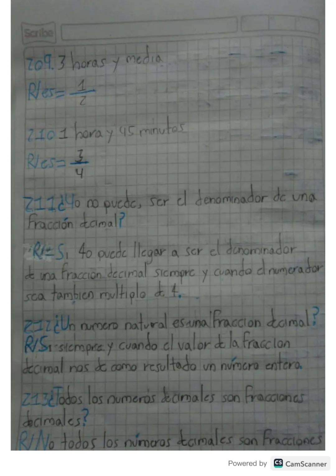 Scribe

209. 3 horas y media

les= $\frac{1}{2}$

210 1 bora y 45 minutas

Res=$\{\frac{3}{4}}$

711¿40 no puede, ser el denominador de una
