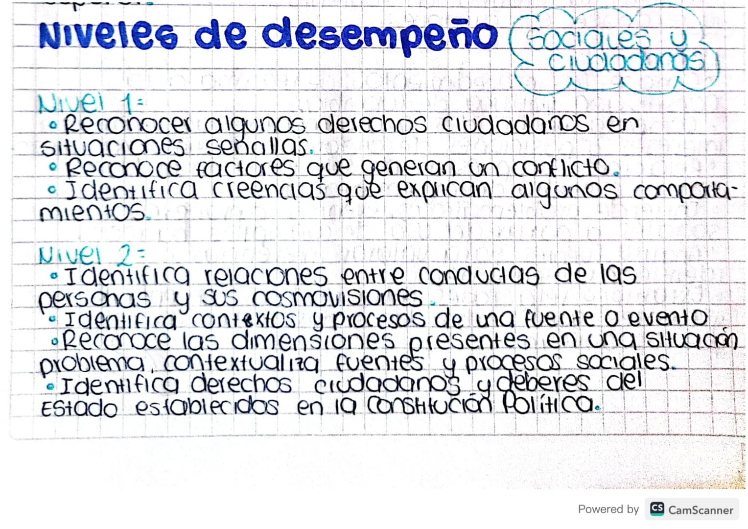 Niveles de desempeño (Sociales y
Nivel 1=
Ciudadanos
• Reconocer algunos derechos ciudadanos en
Situaciones señallas.
• Reconoce factores qu