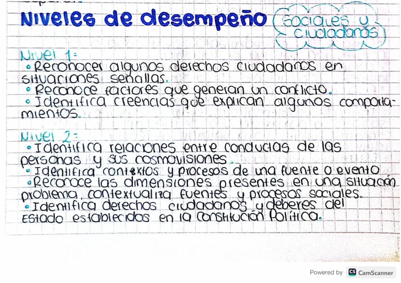Niveles de desempeño (Sociales y
Nivel 1=
Ciudadanos
• Reconocer algunos derechos ciudadanos en
Situaciones señallas.
• Reconoce factores qu