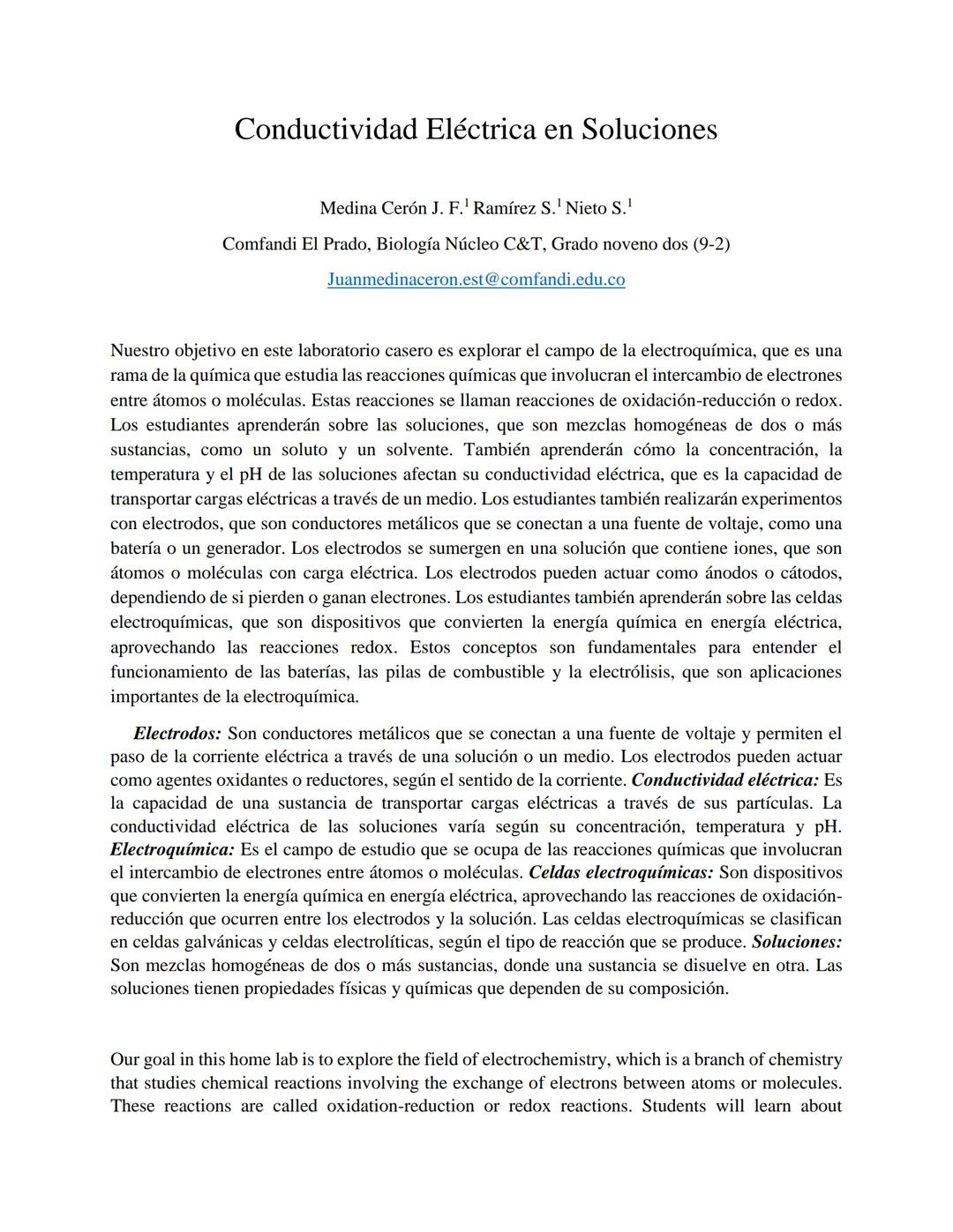 # Conductividad Eléctrica en Soluciones

Medina Cerón J. F. Ramírez S. Nieto S.¹

Comfandi El Prado, Biología Núcleo C&T, Grado noveno dos (