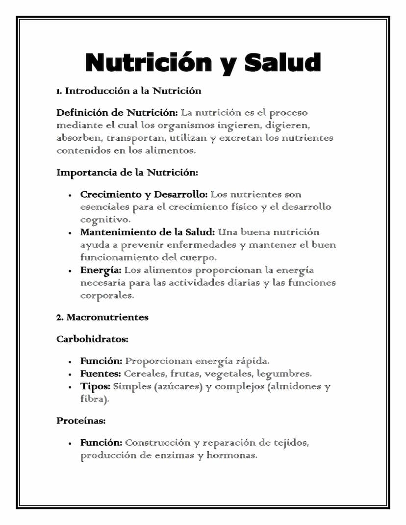 Nutrición y Salud
1. Introducción a la Nutrición
Definición de Nutrición: La nutrición es el
proceso
mediante el cual los organismos ingiere